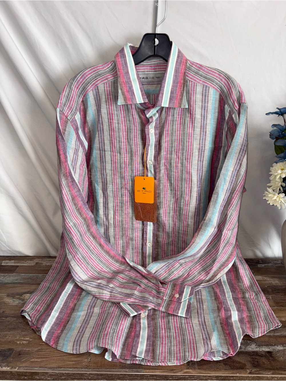 NWT Etro Milano Men's Linen Striped Button Down Shirt - Size 42 / Large - Italy